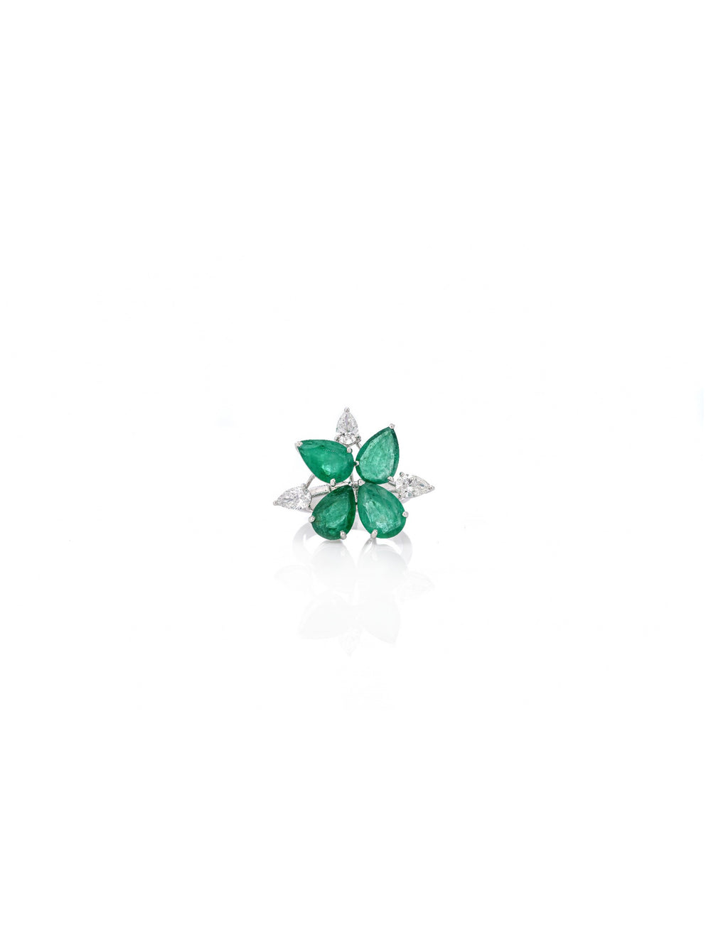 Emerald Butterfly Diamond Ring in 18K White Gold