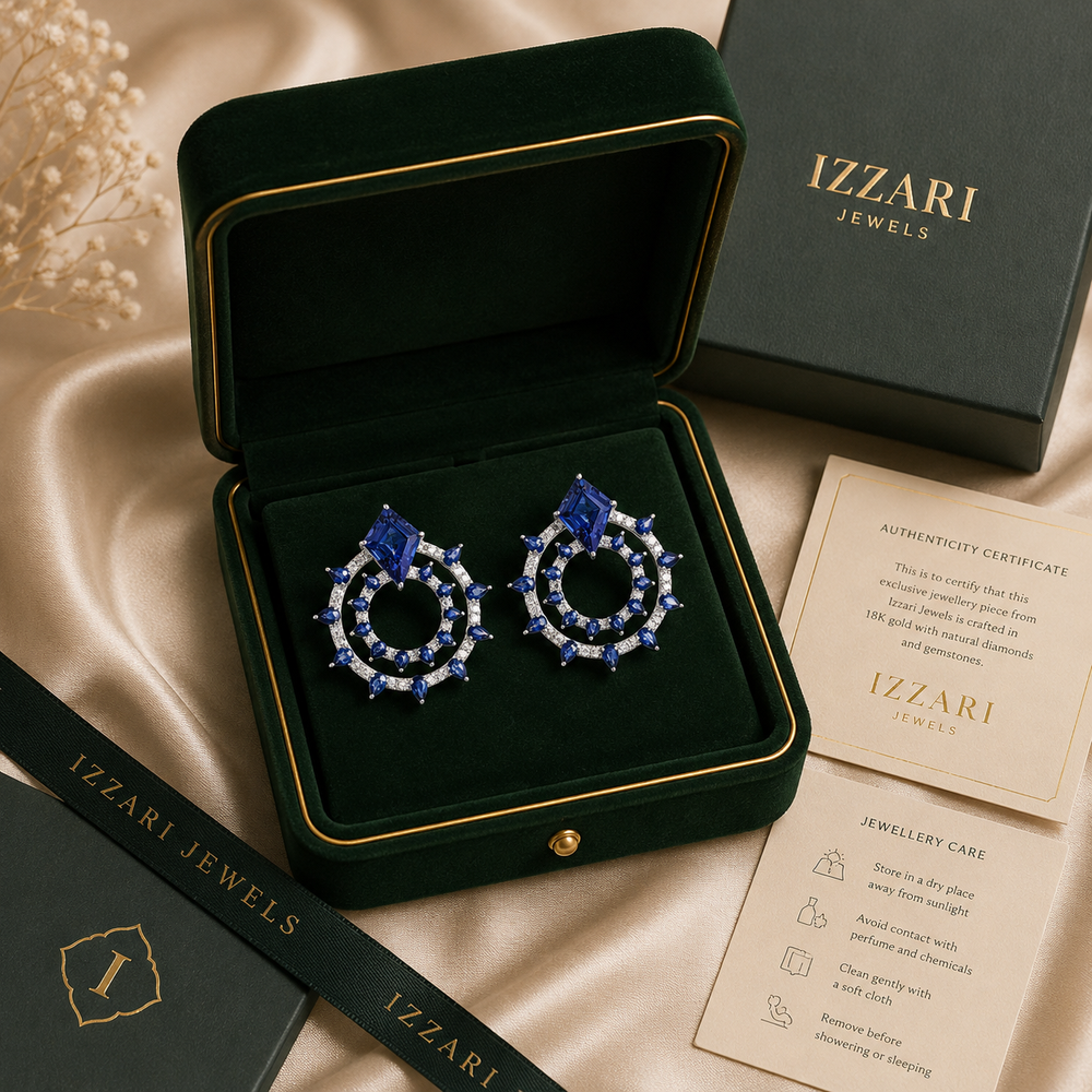 18K White Gold Blue Sapphire Diamond Drop Earrings