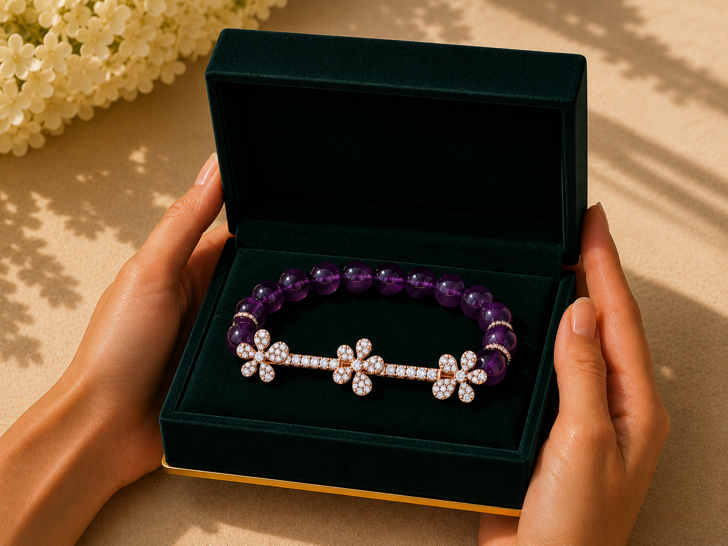 Jasmine Charm Garnet Diamond Bracelet in 18K White Gold
