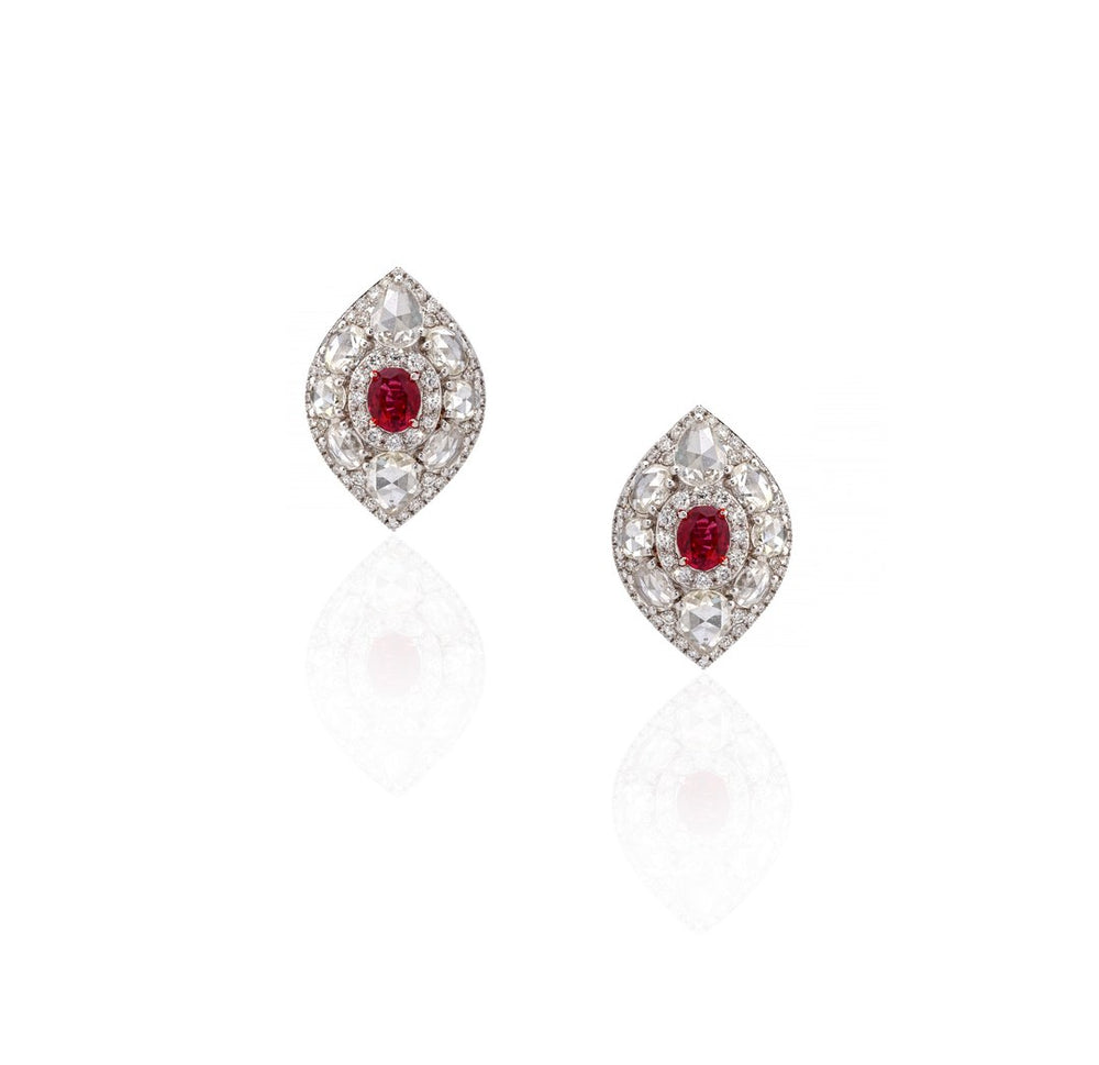 18K White Gold Ruby Halo Diamond Earrings