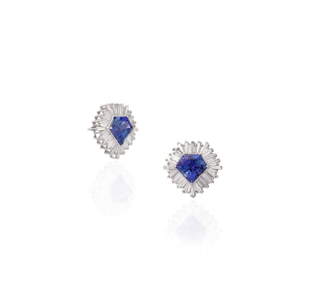 18K White Gold Blue Sapphire Halo Diamond Earrings