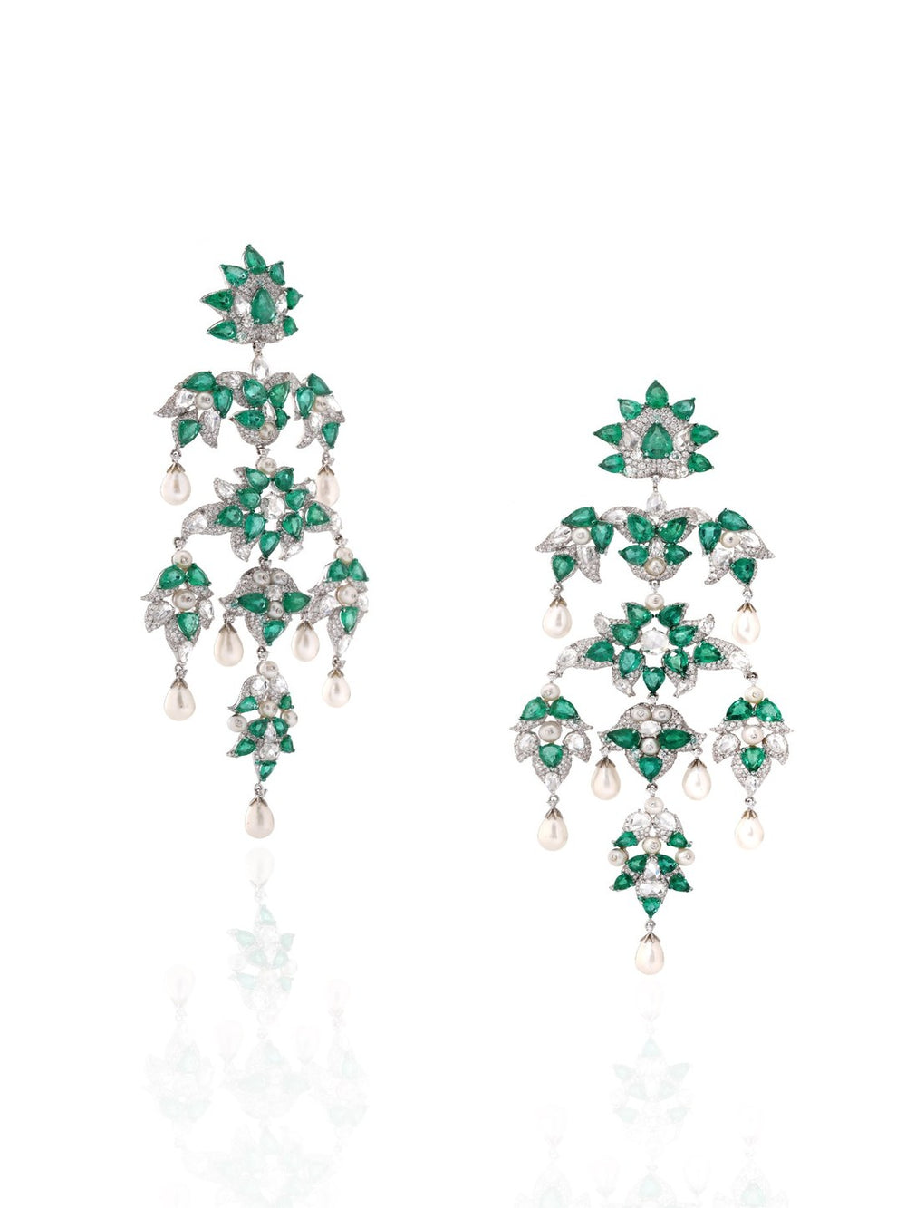 18K White Gold Emerald Floral Chandelier Earrings