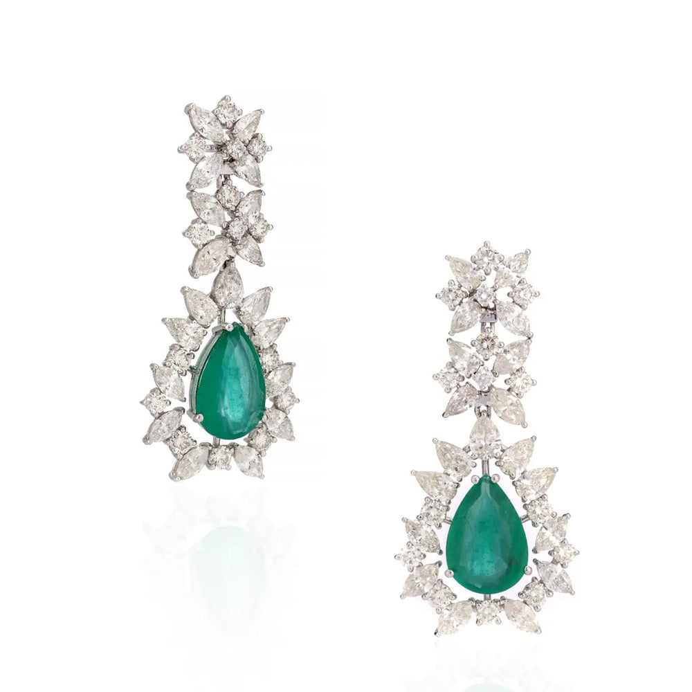 18K White Gold Emerald Pear Diamond Chandelier Earrings