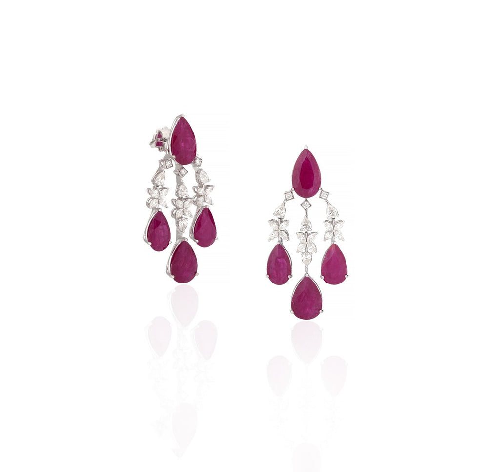 14K White Gold Ruby Diamond Chandelier Earrings