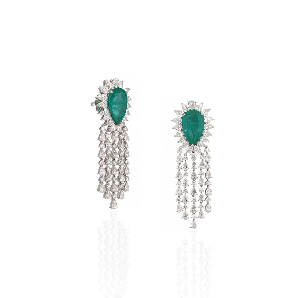 14K White Gold Emerald Floral Diamond Chandelier Earrings