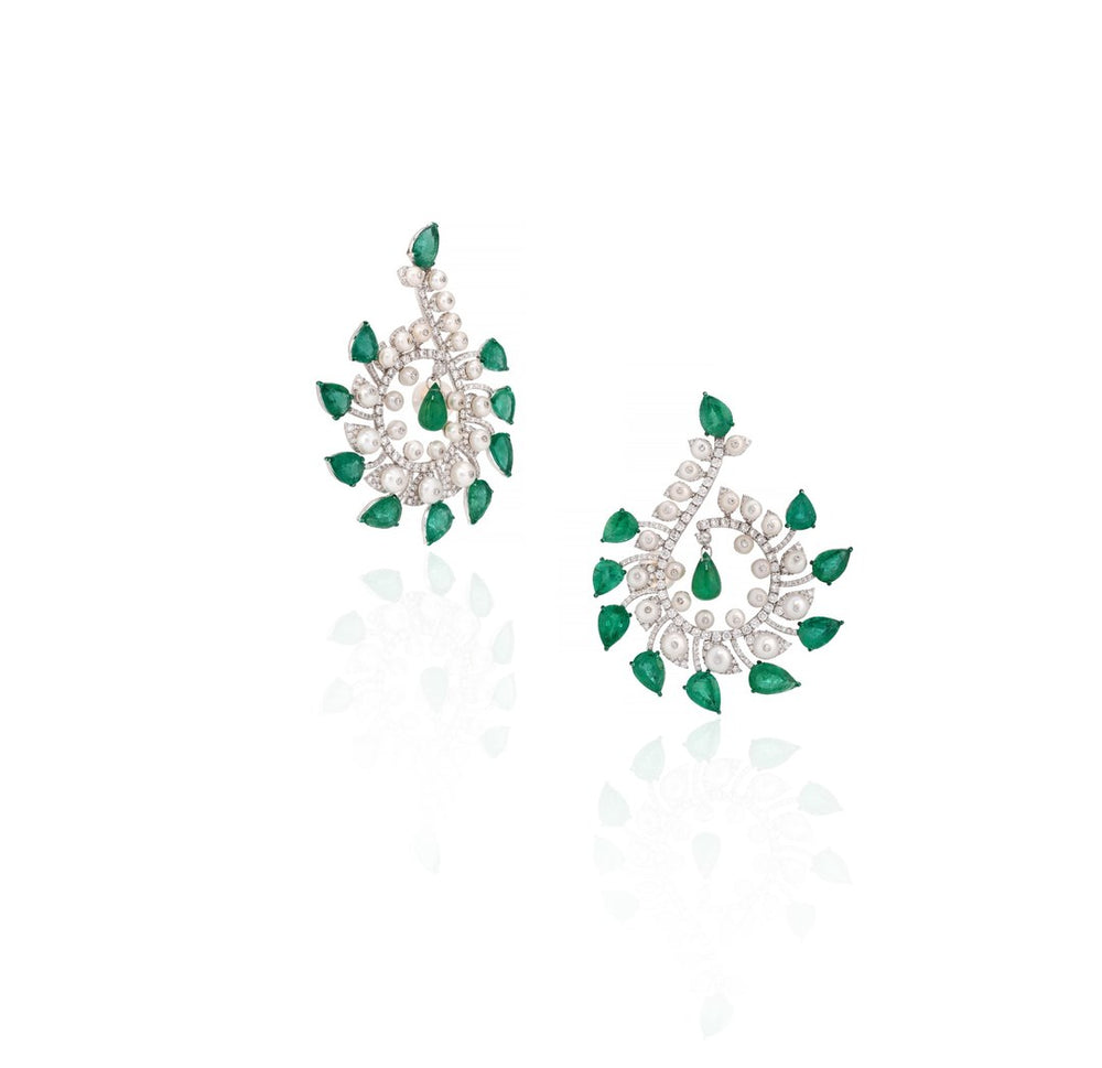 Emerald Floral Diamond Stud Earrings in 18K White Gold | Luxury Fine Jewellery