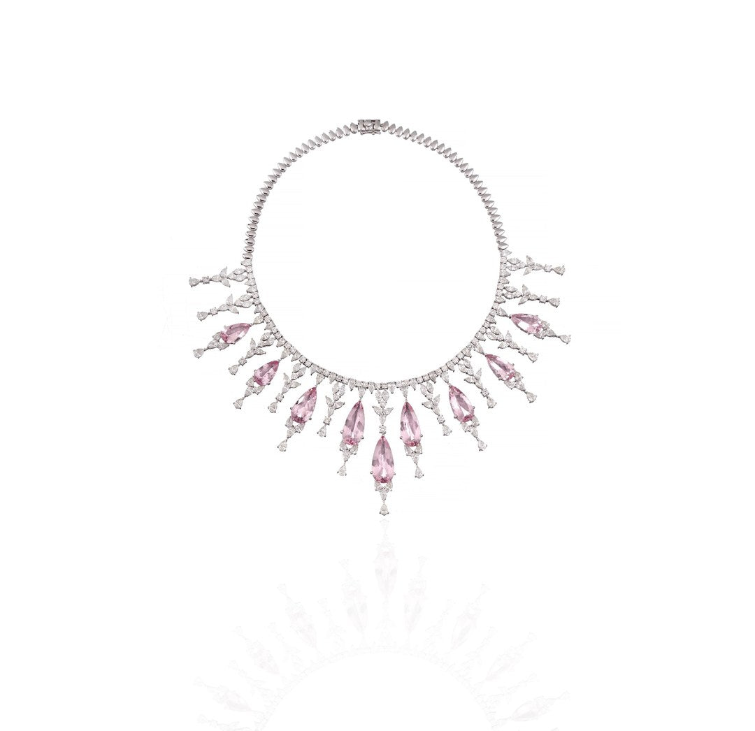14K White Gold Pink Morganite Diamond Necklace