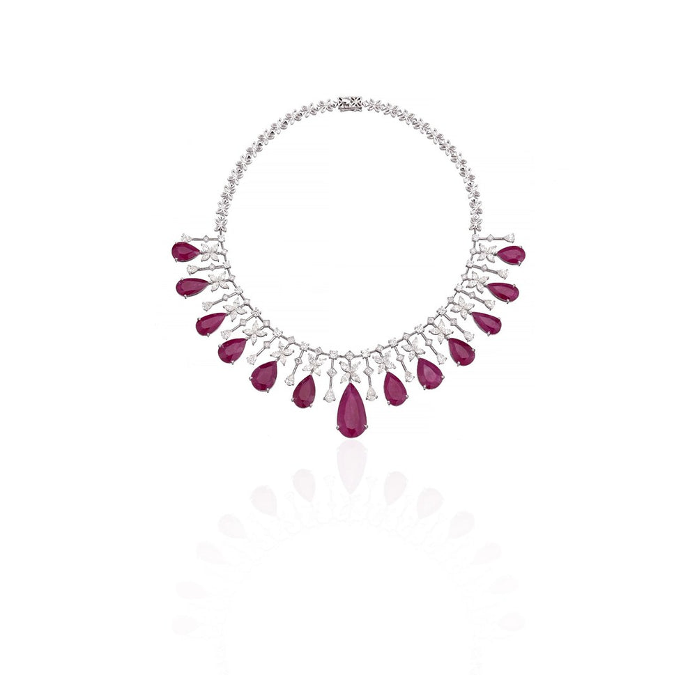 14K White Gold Ruby Diamond Statement Necklace