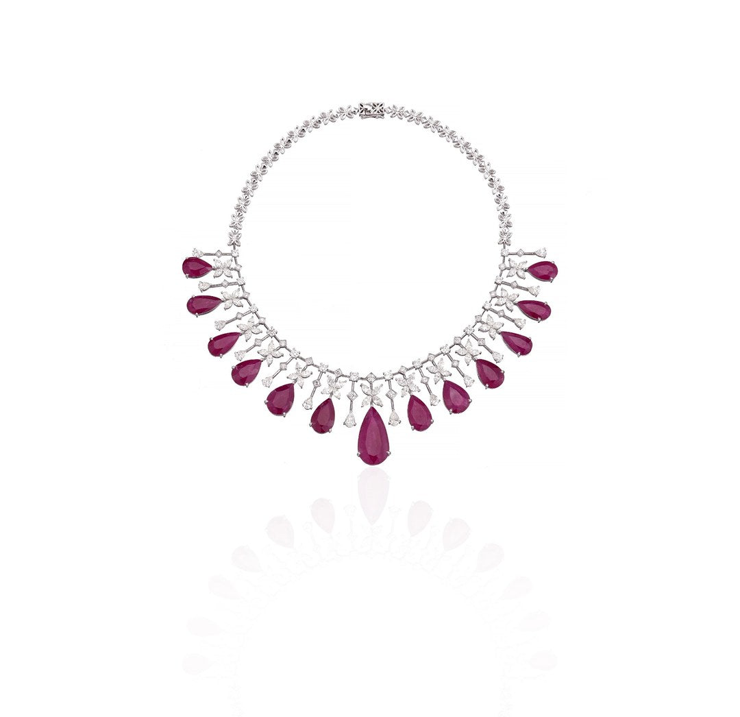 14K White Gold Ruby Diamond Statement Necklace
