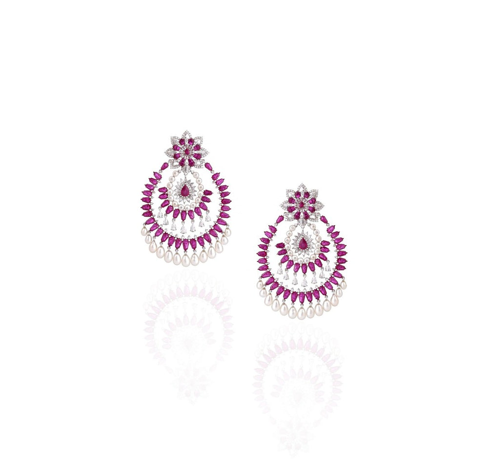18K White Gold Ruby Halo Diamond Chandelier Earrings