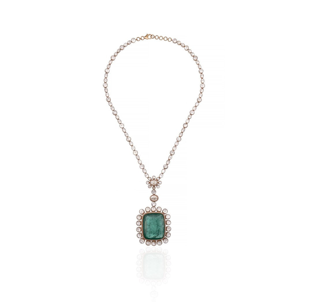 18K White Gold Emerald Diamond Pendant Necklace