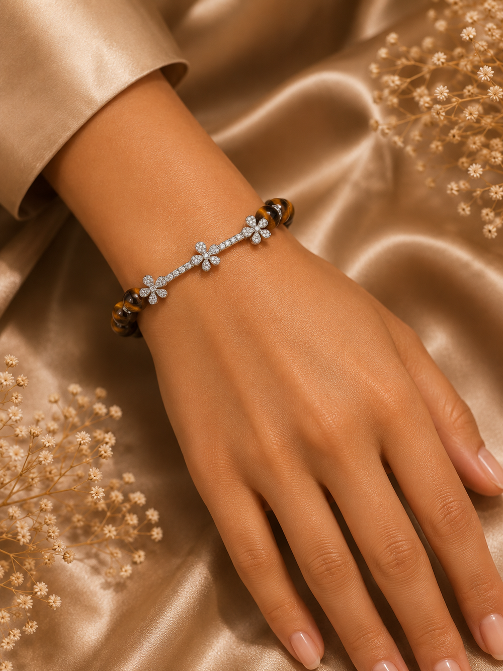 Jasmine Tiger Stone Diamond Bracelet in 18K White Gold