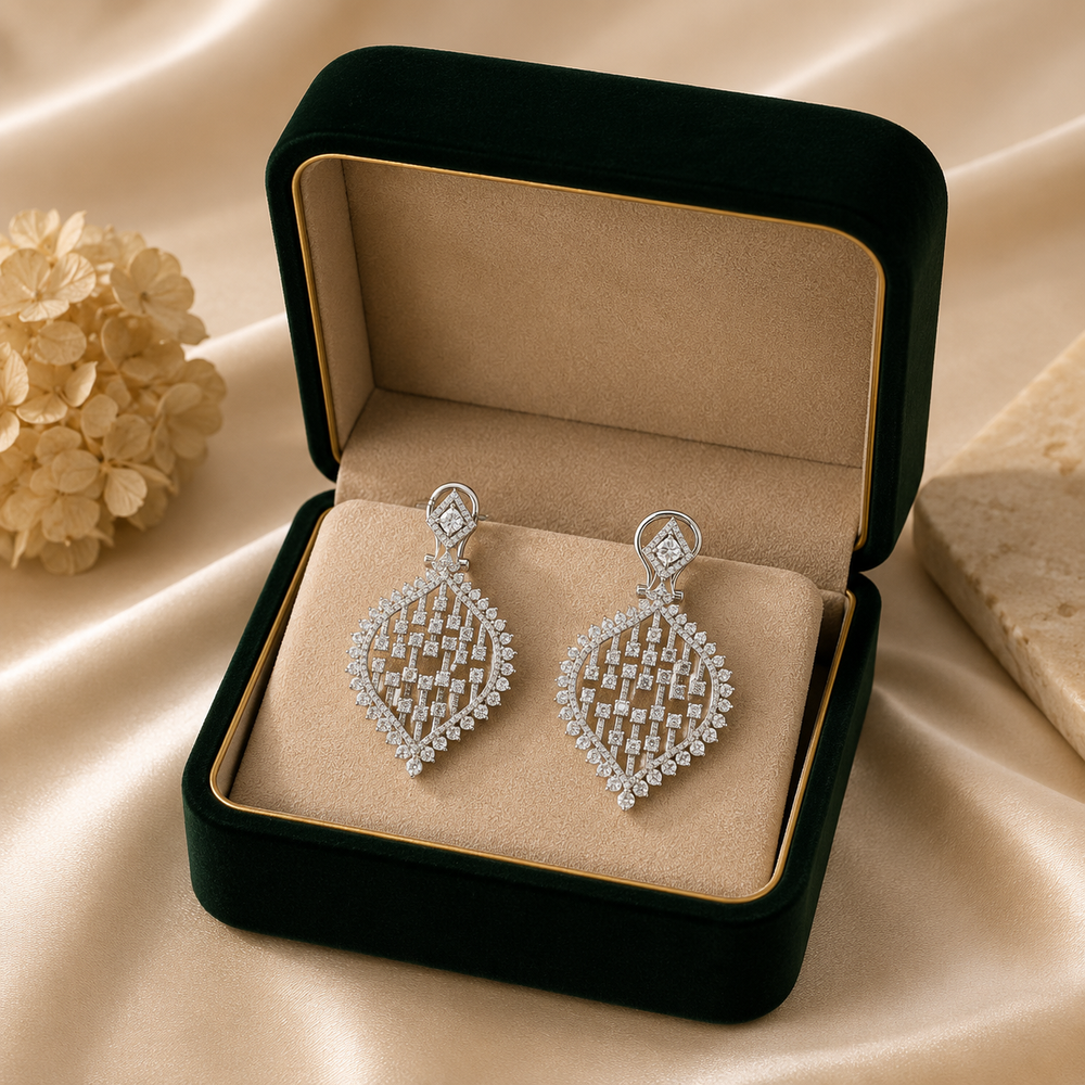 18K White Gold Diamond Lattice Drop Earrings