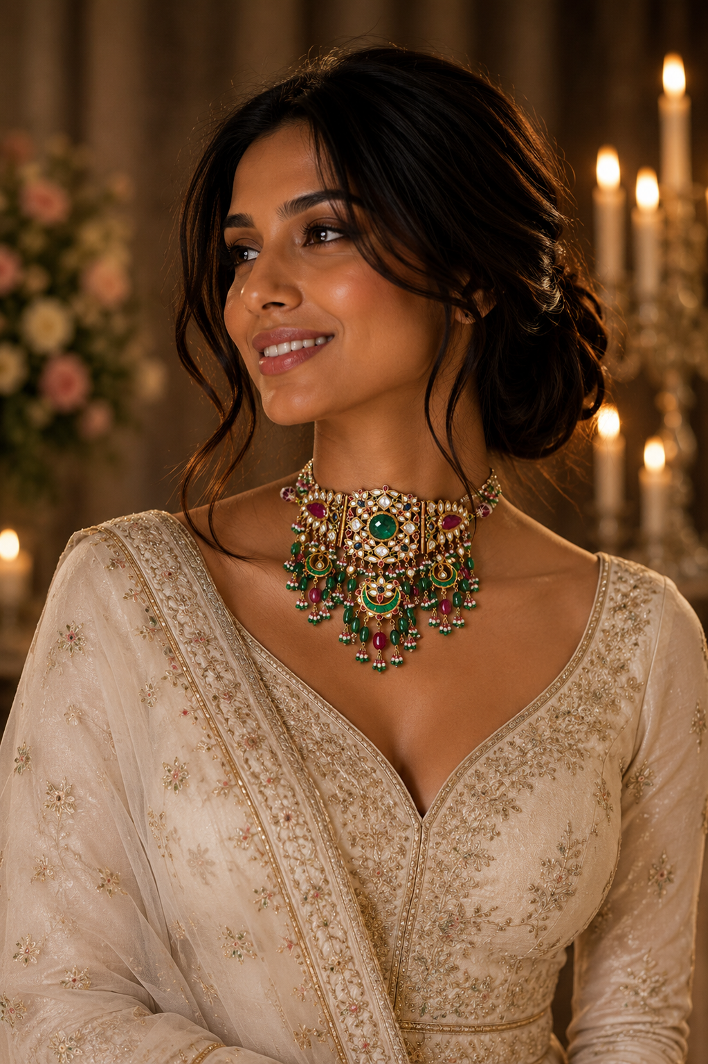 Rajvansh Polki Emerald Statement Necklace in 22K Gold | Luxury Heritage Fine Jewellery