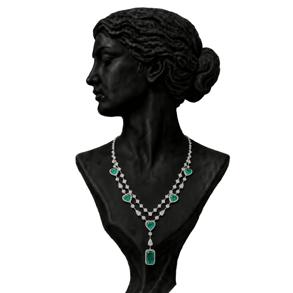 18K White Gold Emerald Station Diamond Necklace