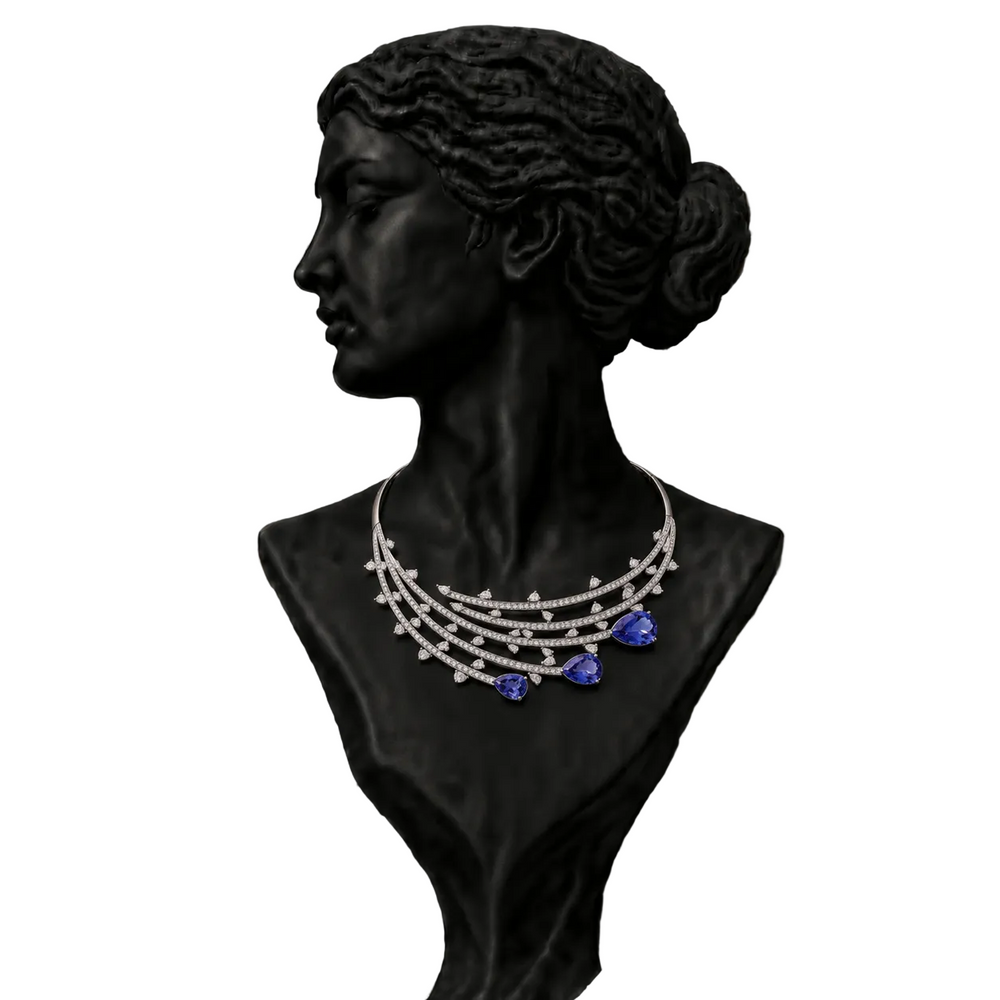 Celestia Tanzanite Drop Diamond Statement Necklace in 18K Gold | Luxury Natural Diamond Jewellery