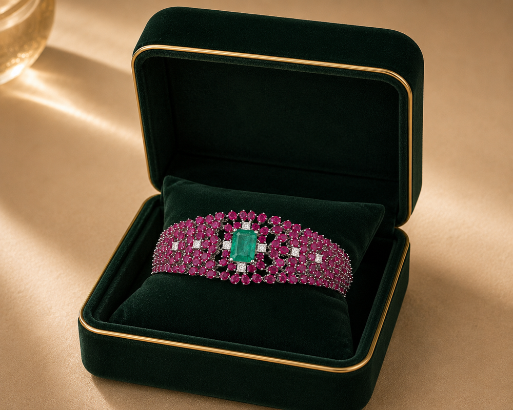Rosé Verde Ruby Emerald Diamond Bracelet in 14K Gold