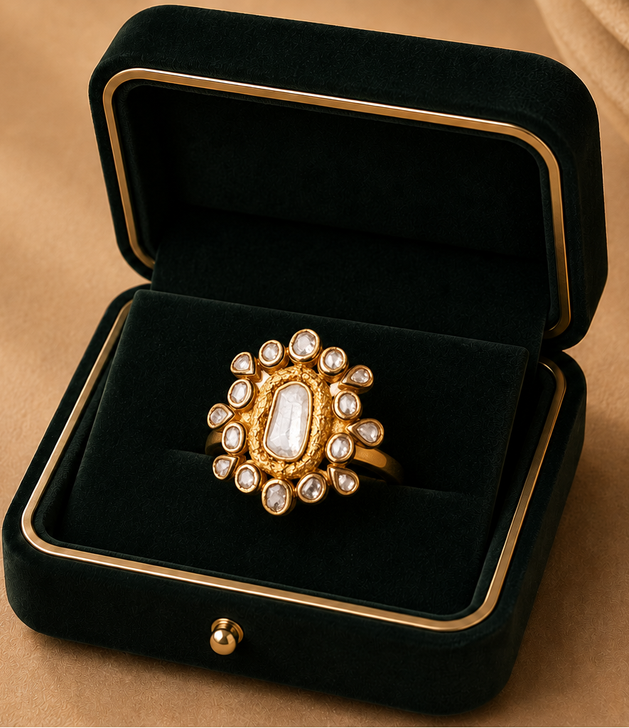 Aurora Sunburst Diamond Ring in 18K yellow gold with natural diamonds displayed in Izzari's luxury jewellery box