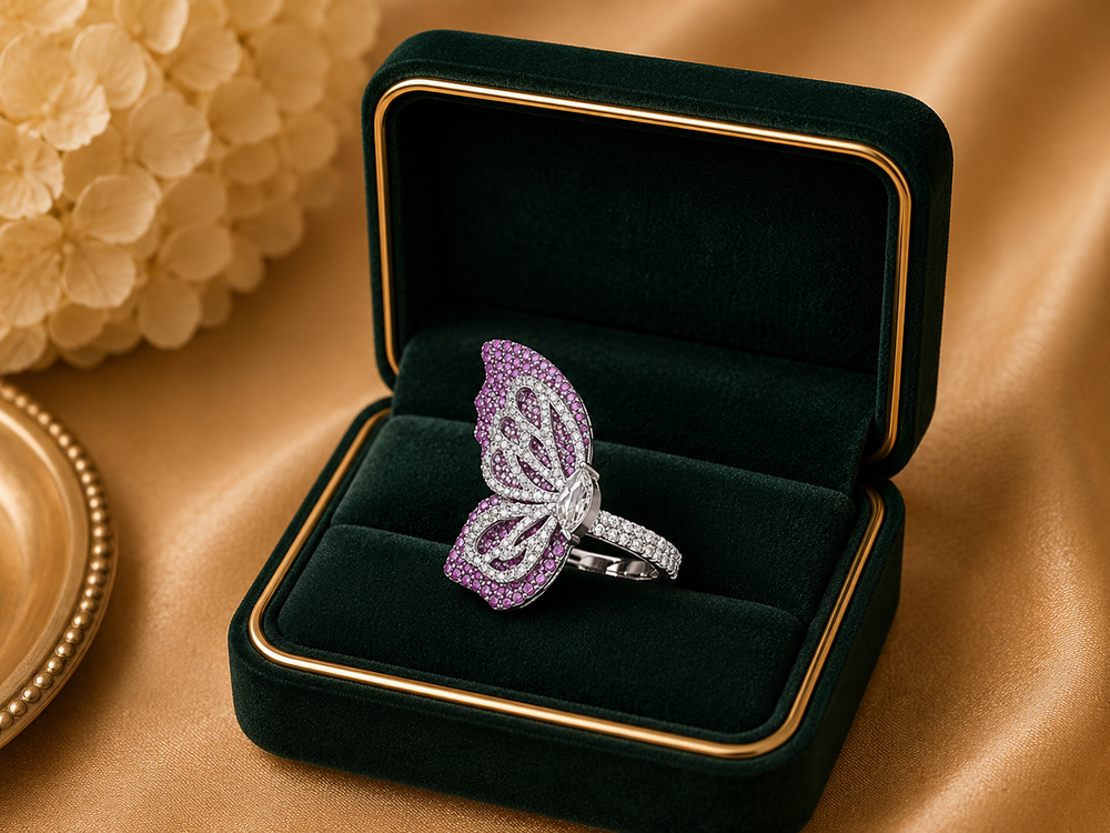 White Gold Pink Gemstone Butterfly Half Ring