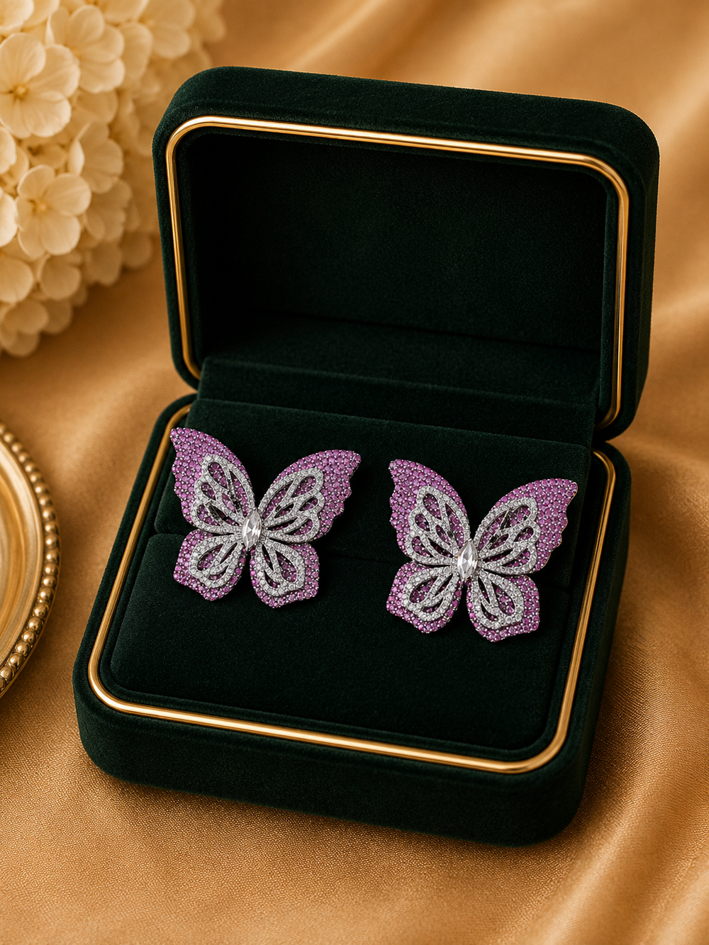 18K White Gold Pink Gemstone Butterfly Earrings