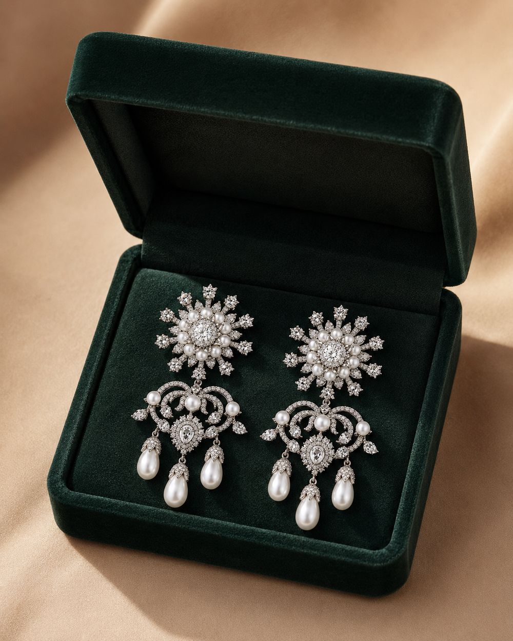 18K White Gold Floral Diamond Pearl Earrings