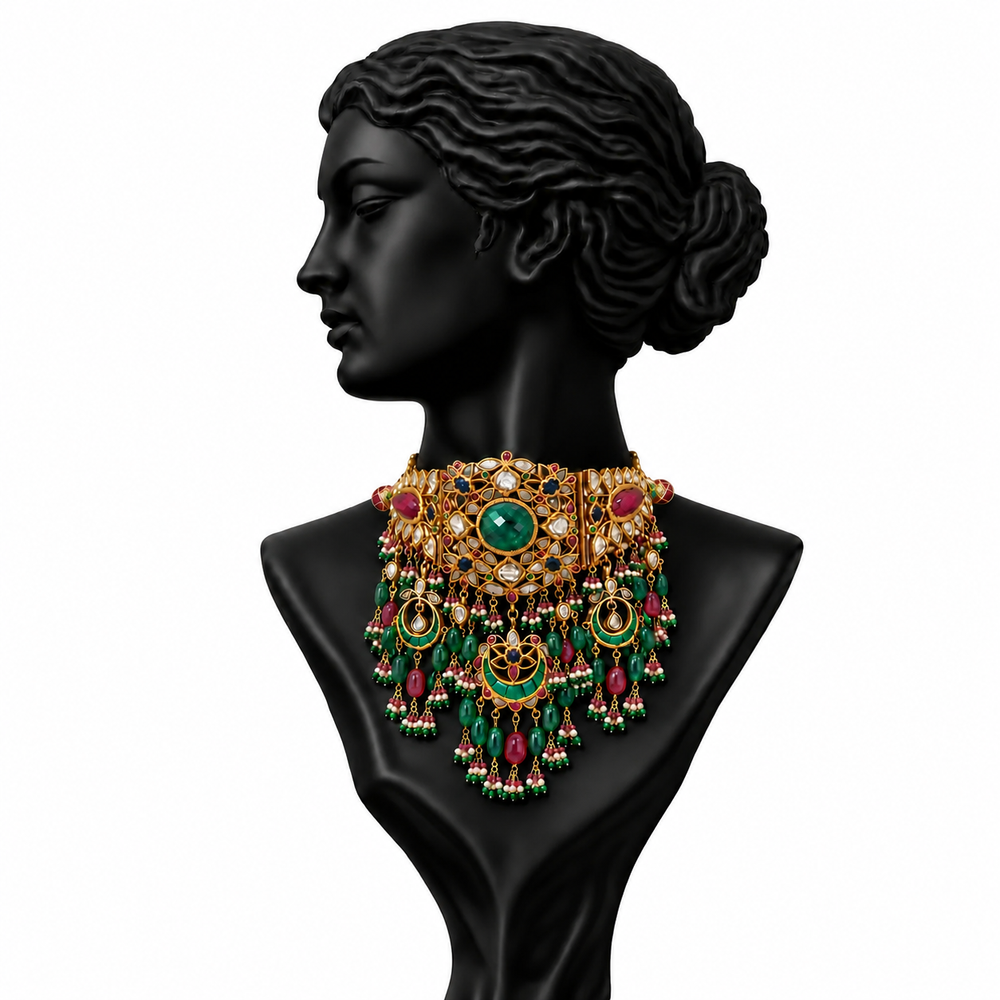 Rajvansh Polki Emerald Statement Necklace in 22K Gold | Luxury Heritage Fine Jewellery