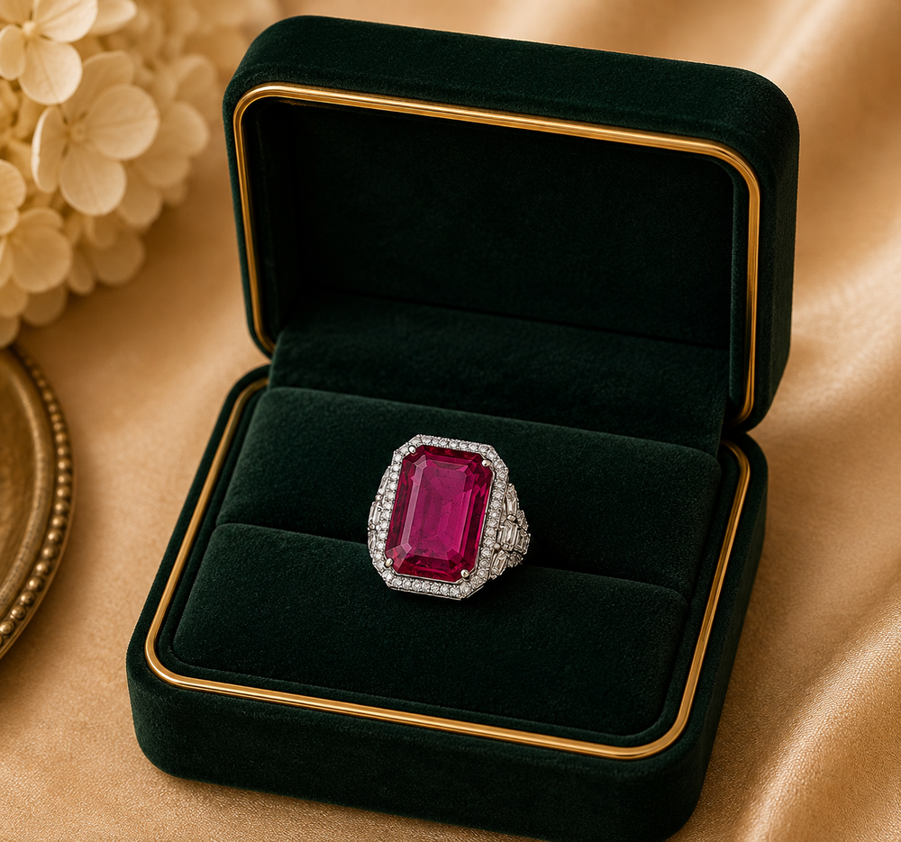 18K White Gold Pink Baguette Gemstone Statement Ring