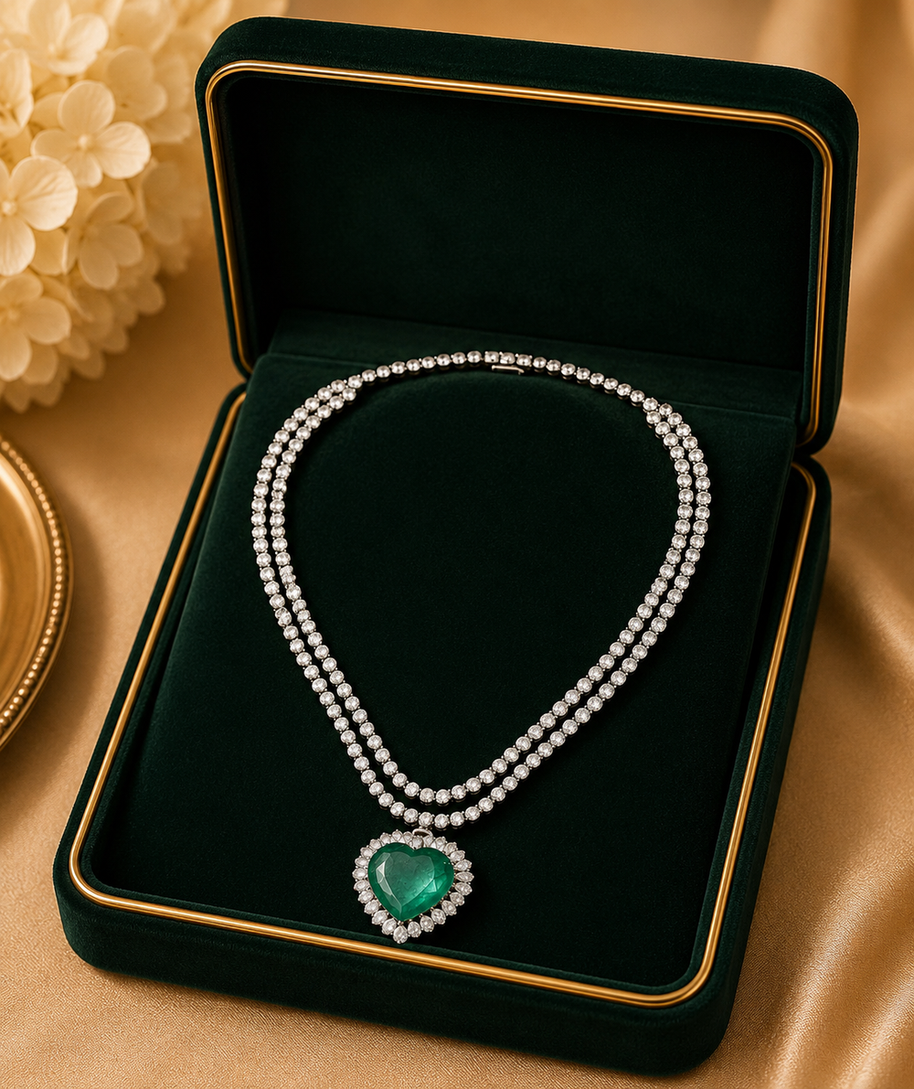 White Gold Green Gemstone Heart Pendant Necklace