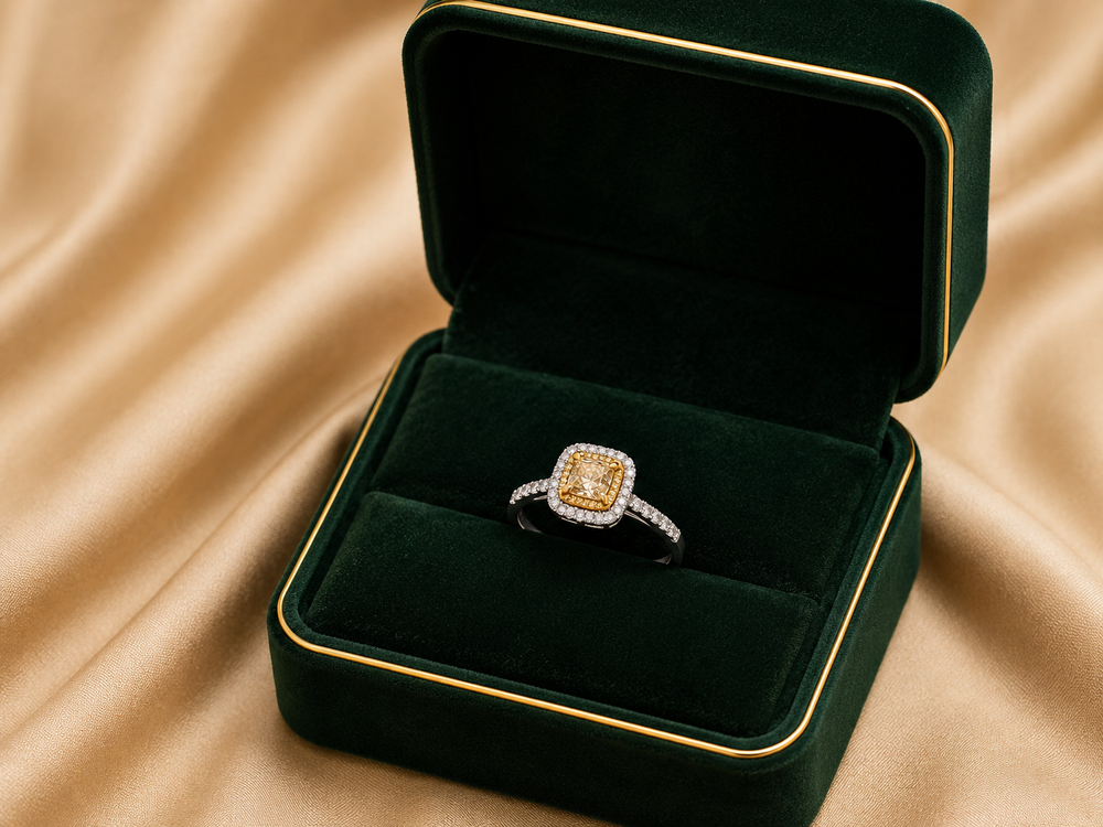 Golden Cushion Halo Diamond Ring in 18K White Gold