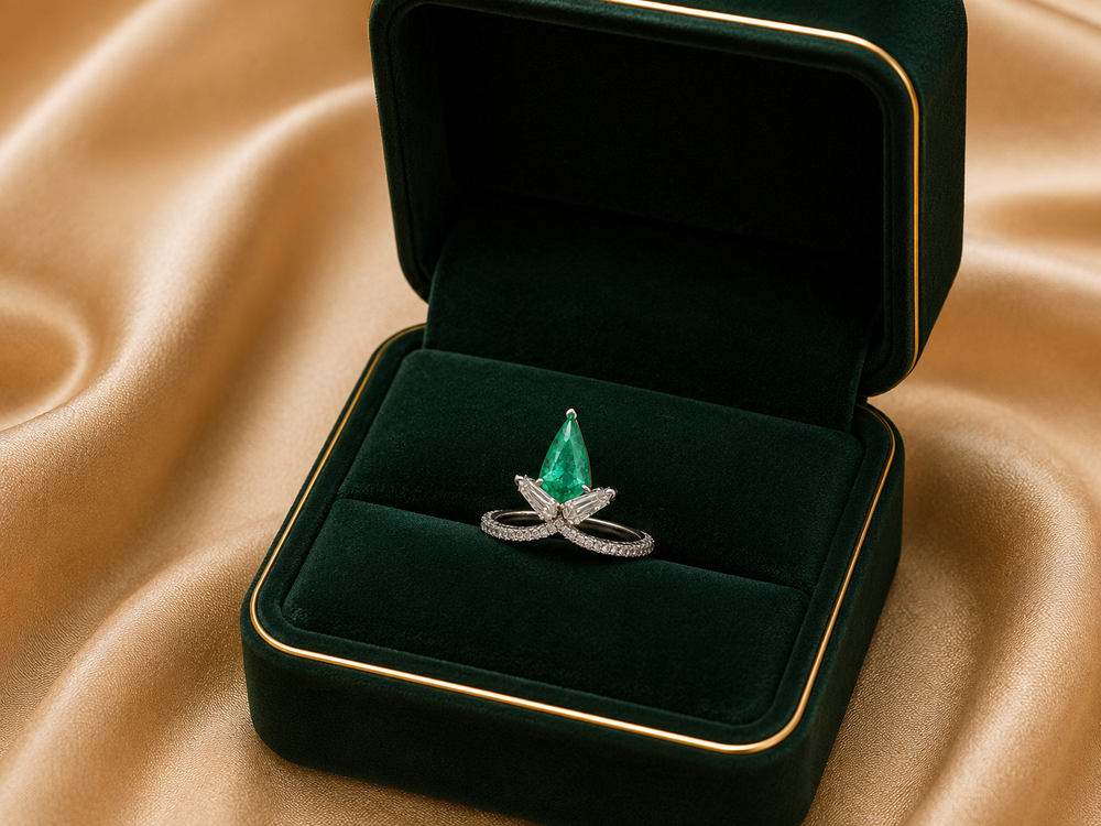 Emerald Drop Diamond Ring in 18K White Gold
