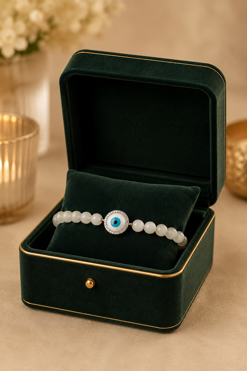 White Agate Evil Eye Bracelet | 14K Gold & Natural Diamonds