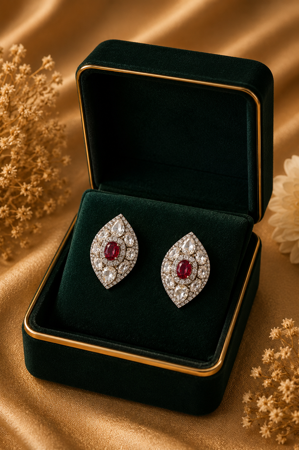 18K White Gold Ruby Halo Diamond Earrings