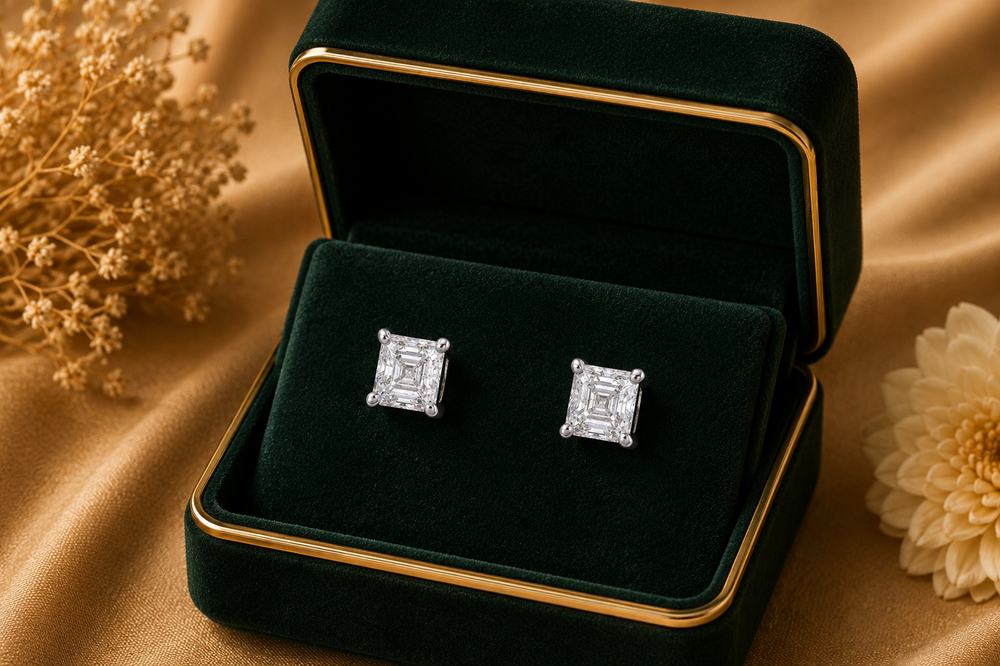 18K White Gold Emerald Cut Diamond Stud Earrings