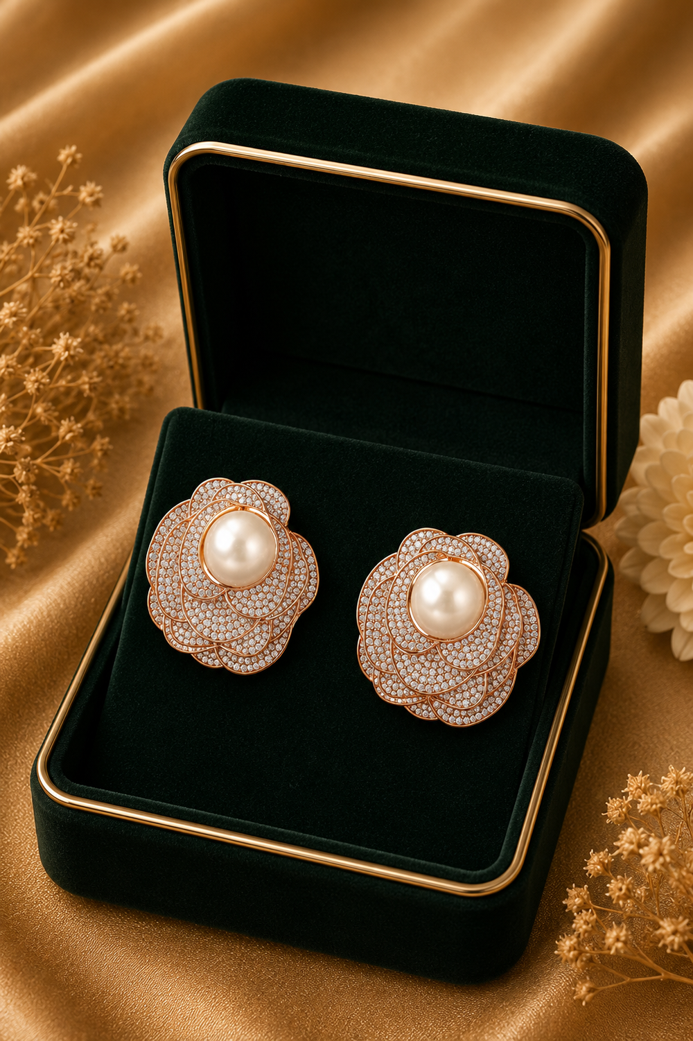 18K Rose Gold Golden South Sea Pearl Diamond Earrings