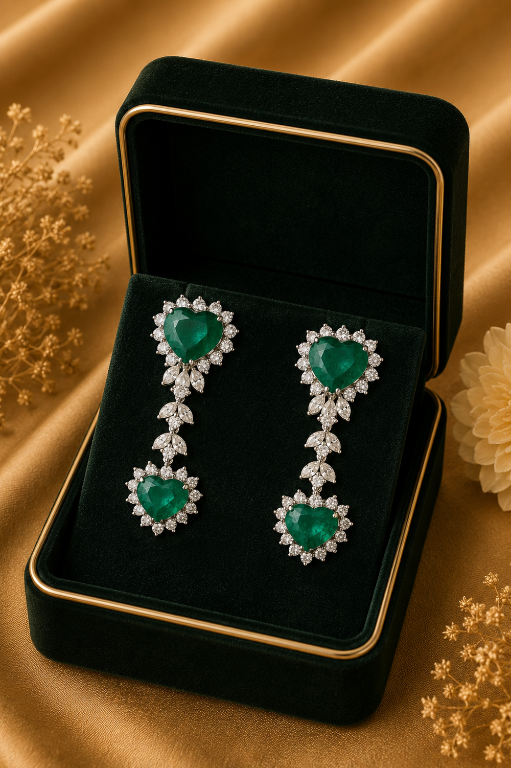 18K White Gold Emerald Diamond Drop Earrings