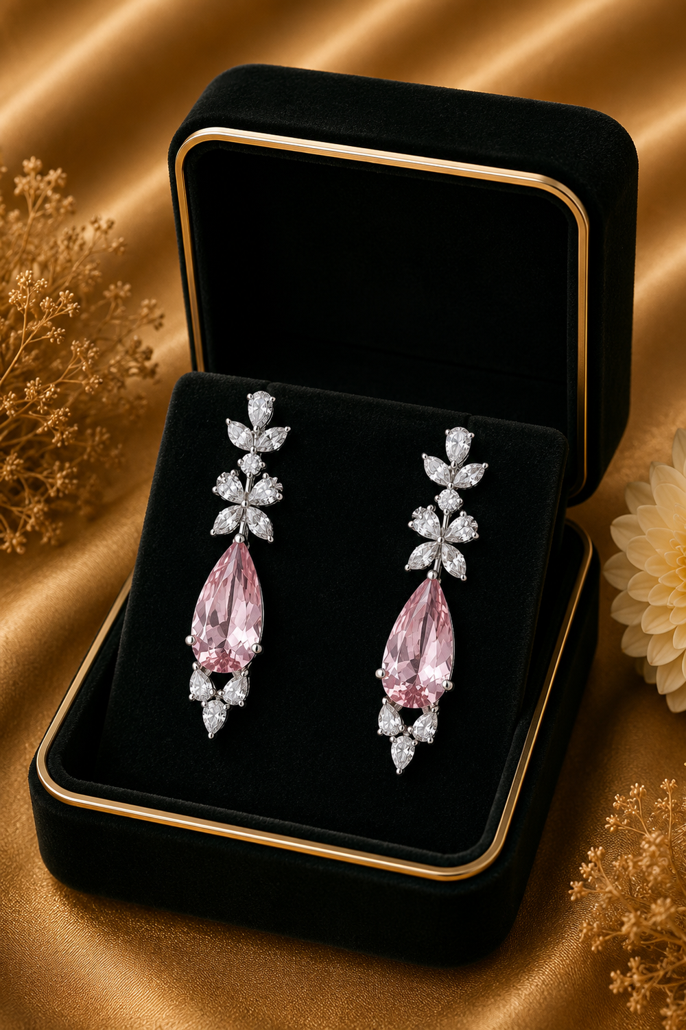 14K White Gold Pink Tourmaline Diamond Drop Earrings