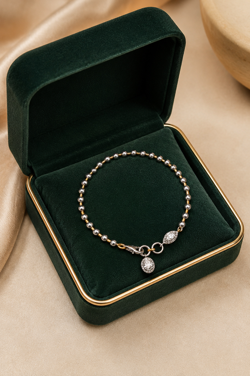 18K White Gold Diamond Charm Beaded Bracelet