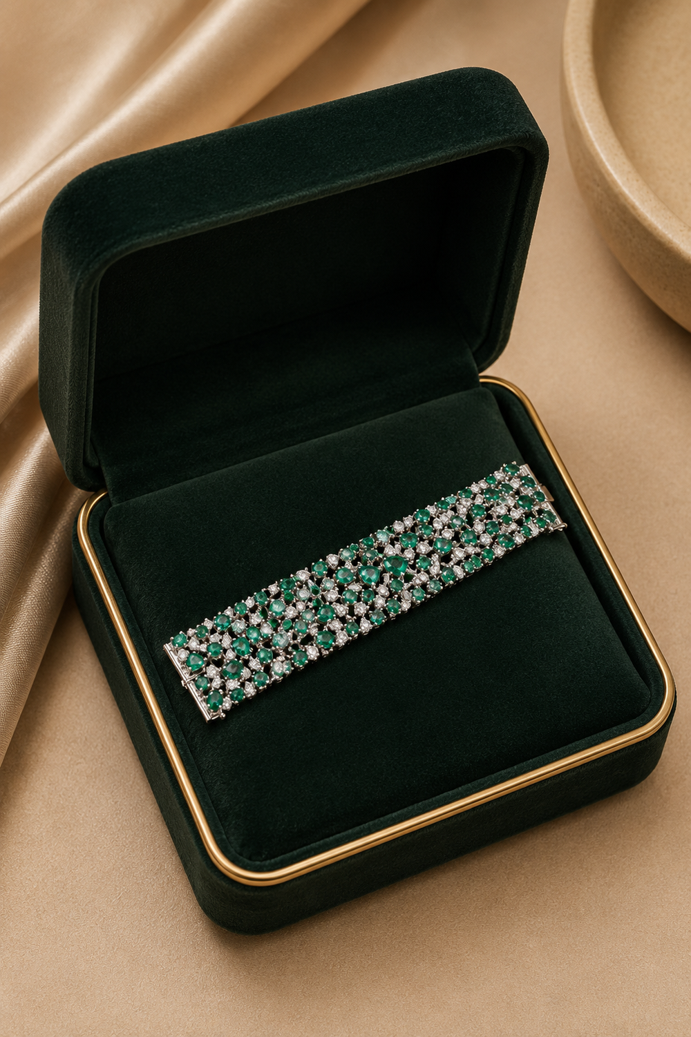 18K White Gold Emerald Diamond Multi Row Bracelet
