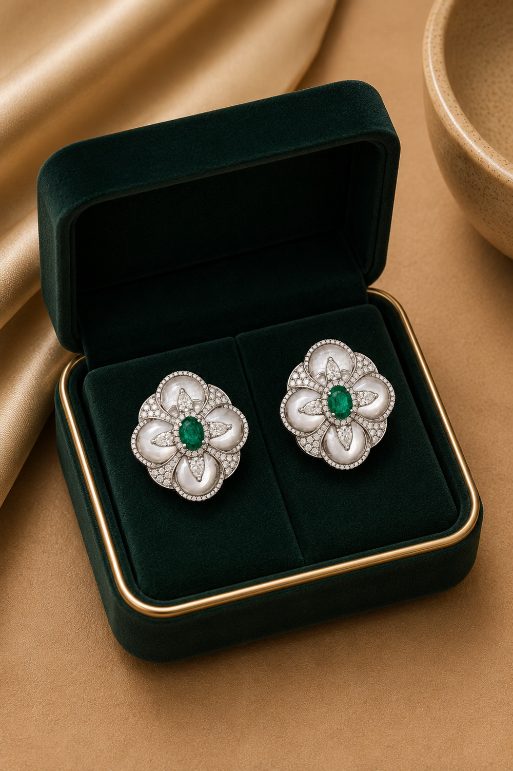 18K White Gold Emerald Diamond Floral Earrings
