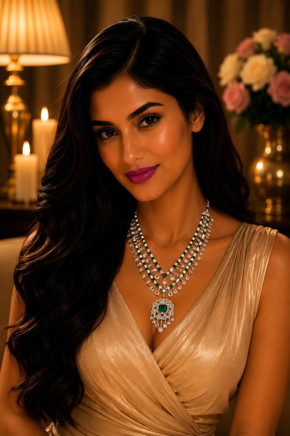 14K White Gold Emerald Layered Diamond Necklace