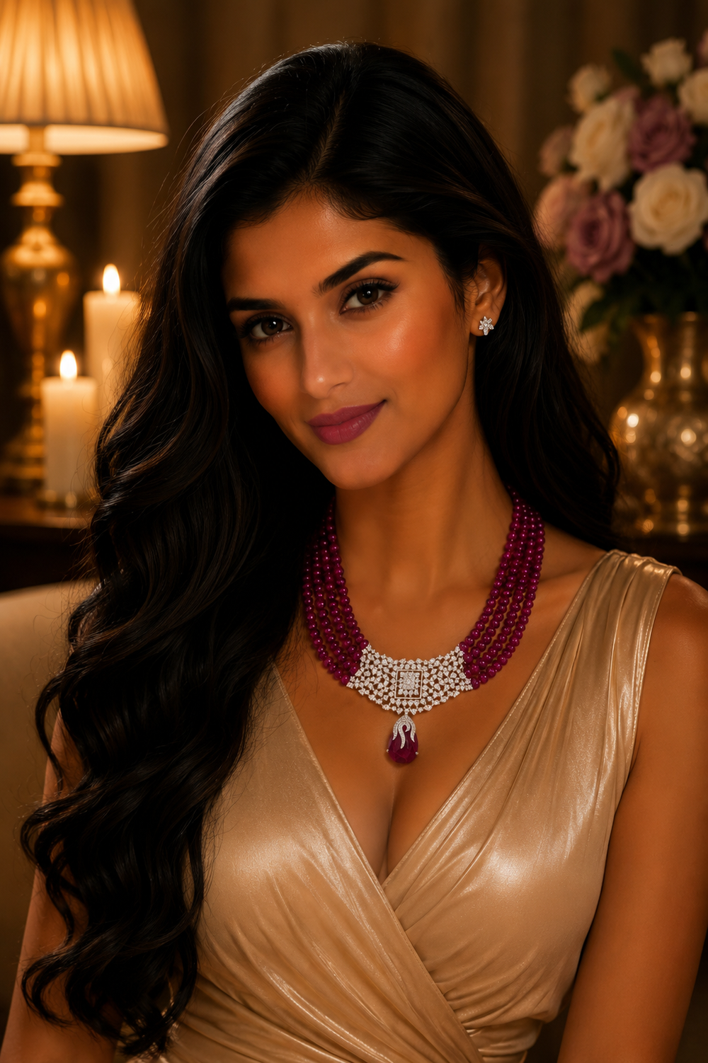 14K White Gold Ruby Multi-Strand Diamond Necklace