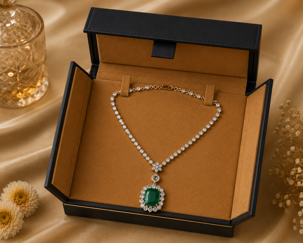 18K White Gold Emerald Diamond Pendant Necklace