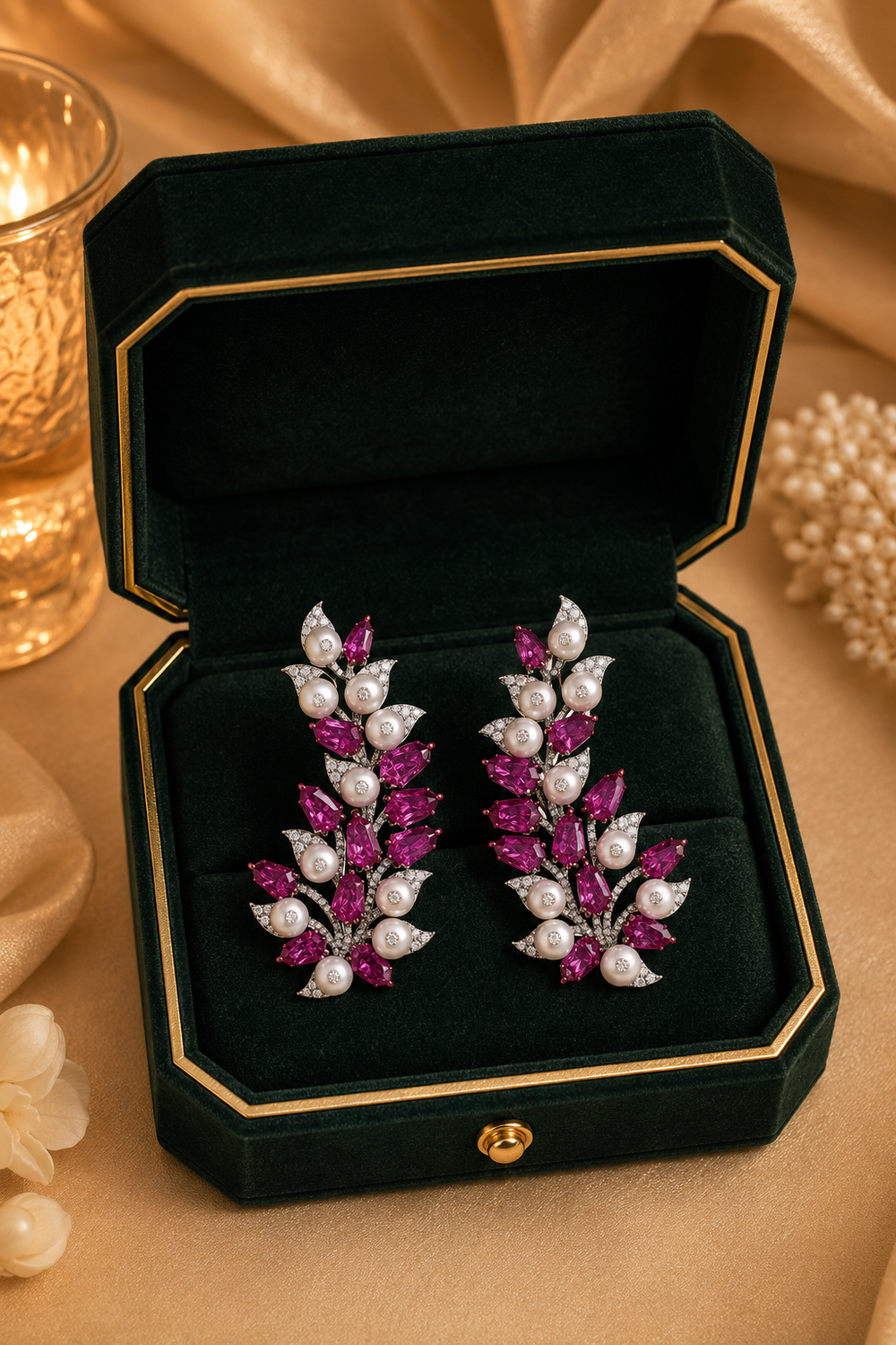 18K White Gold Ruby Leaf Diamond Earrings