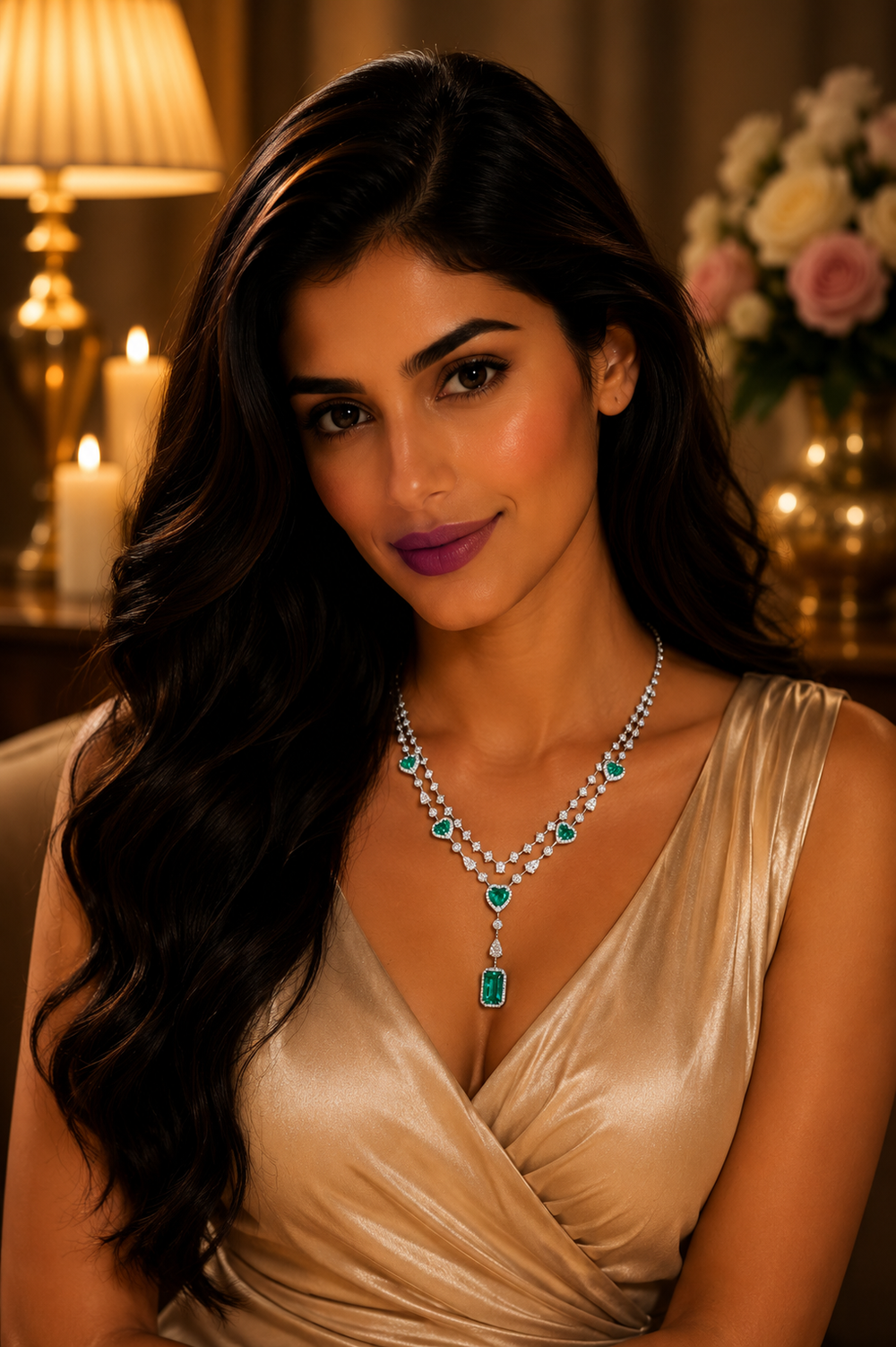 18K White Gold Emerald Station Diamond Necklace