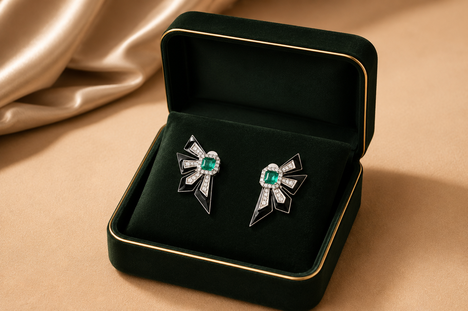 Émeraude Noir Diamond Fan Earrings in 18K White Gold