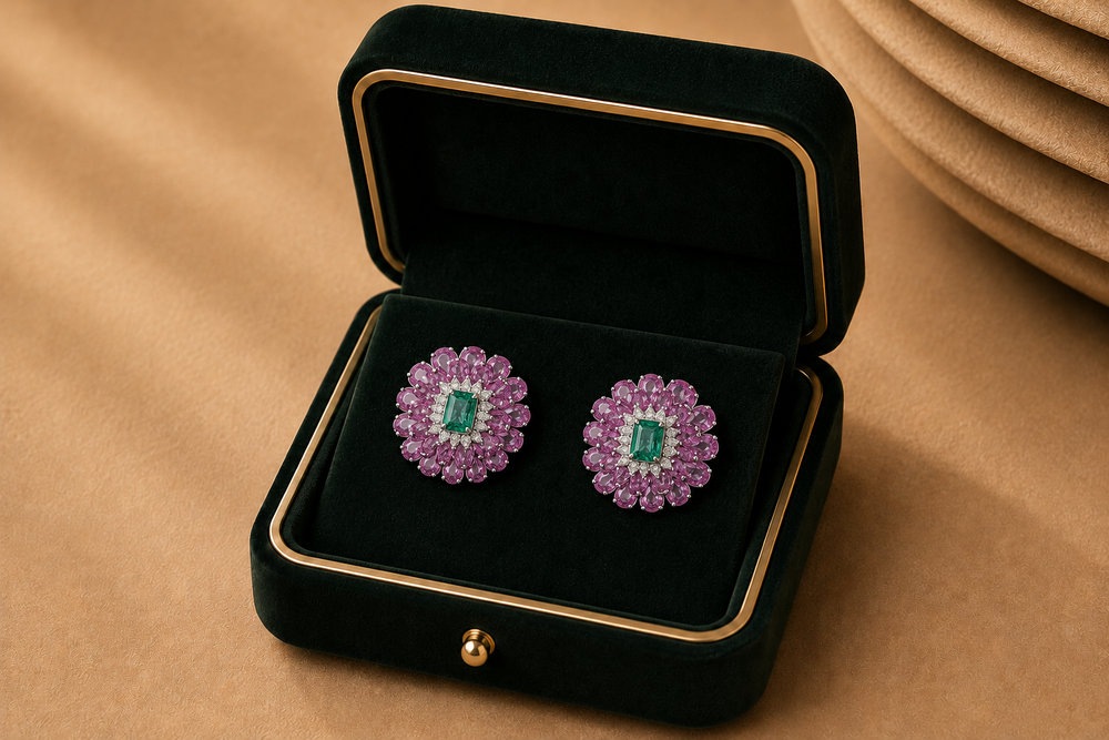 Izzari Roselle Emerald Ruby Floral Earrings