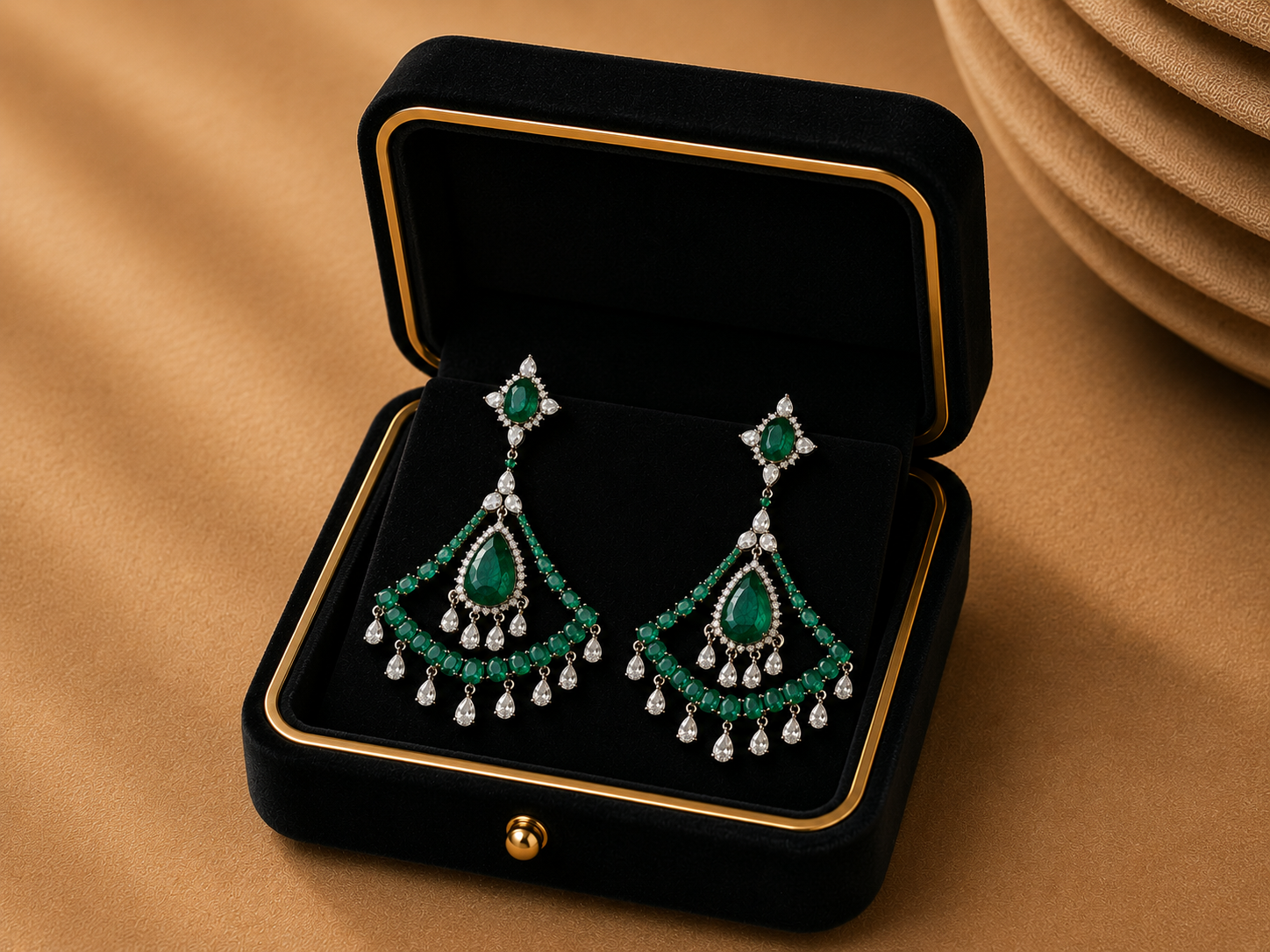 18K White Gold Emerald Diamond Chandelier Earrings