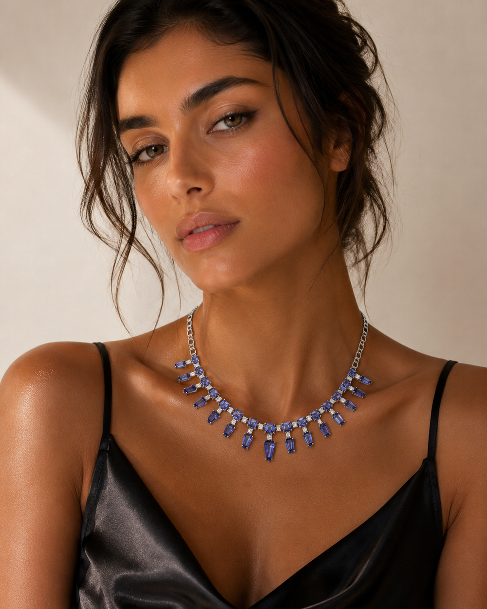 Royal Sapphire Fringe Diamond Necklace in 18K Gold | Luxury Statement Fine Jewellery