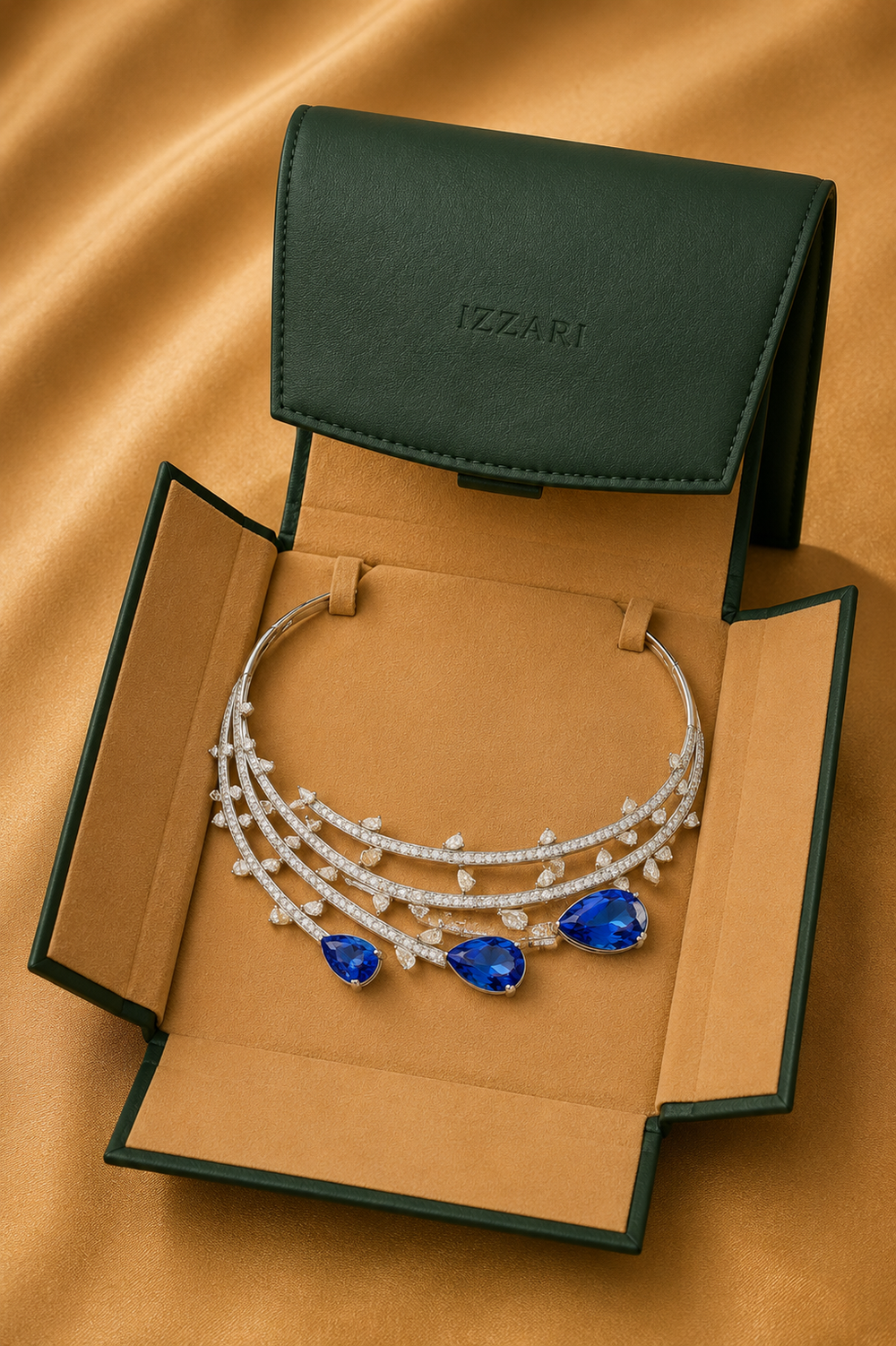 Celestia Sapphire Drop Diamond Statement Necklace in 18K Gold | Luxury Natural Diamond Jewellery