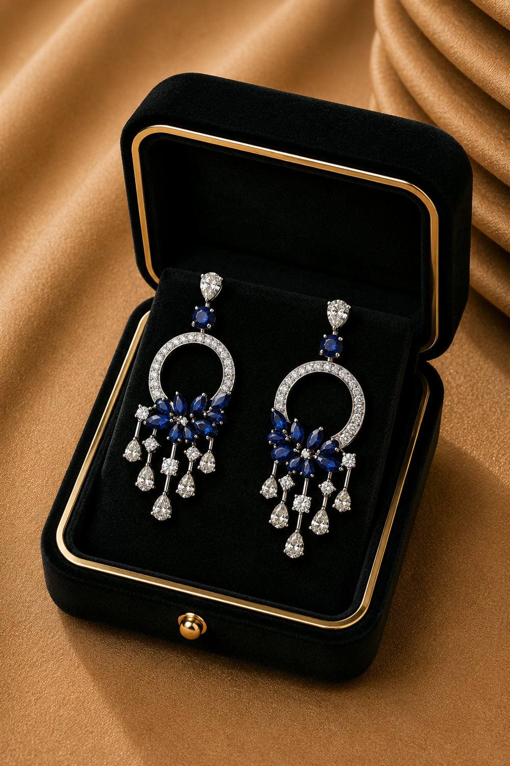 18K White Gold Blue Sapphire Diamond Chandelier Earrings